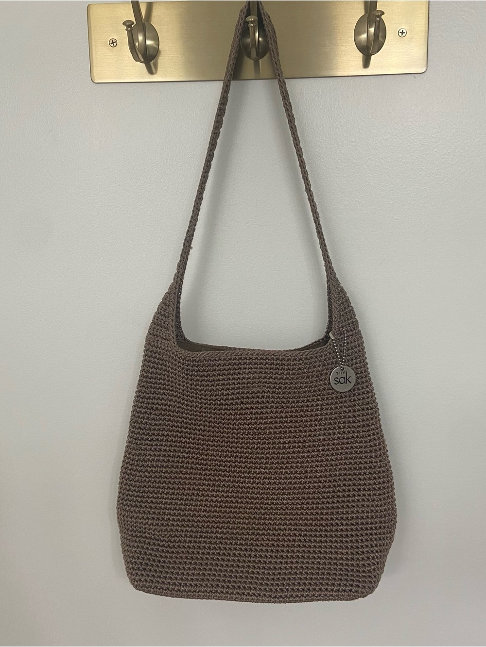 The Sak Taupe Crochet Knit Shoulder Hobo Bag Boho Lined Purse